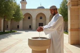 Homme musulman effectuant ses ablutions dans la cour d'une mosquée à Mantes-la-Jolie avant la prière