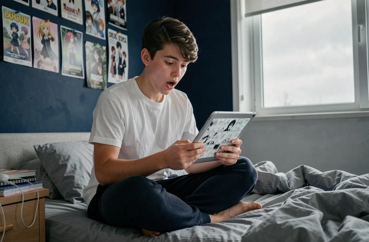Adolescent découvrant sa première lecture de scan manga VF sur une tablette dans sa chambre avec des posters d'animés au mur