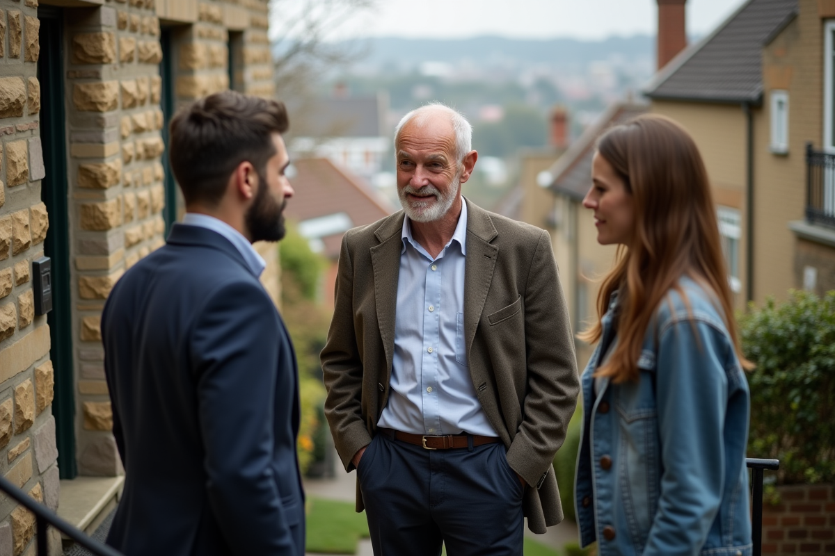 Agent immobilier discutant avec un couple devant une maison en ville