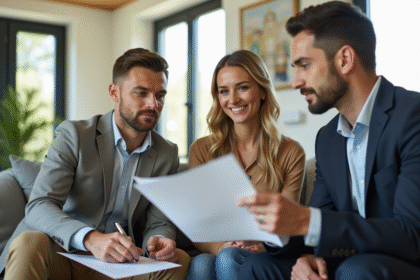 Agent immobilier montrant documents d'estimation à un couple dans un salon lumineux