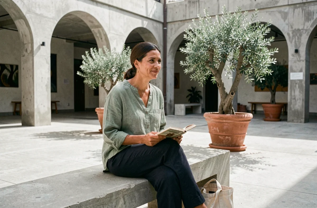 Femme intellectuelle nord-africaine lisant dans une cour de centre culturel urbain, photographie documentaire naturaliste