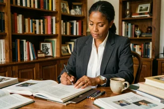 Femme journaliste nord-africaine réfléchissant à son bureau entouré de livres et de notes manuscrites, portrait éditorial authentique