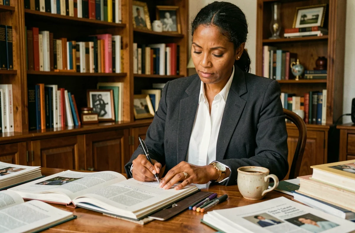 Femme journaliste nord-africaine réfléchissant à son bureau entouré de livres et de notes manuscrites, portrait éditorial authentique