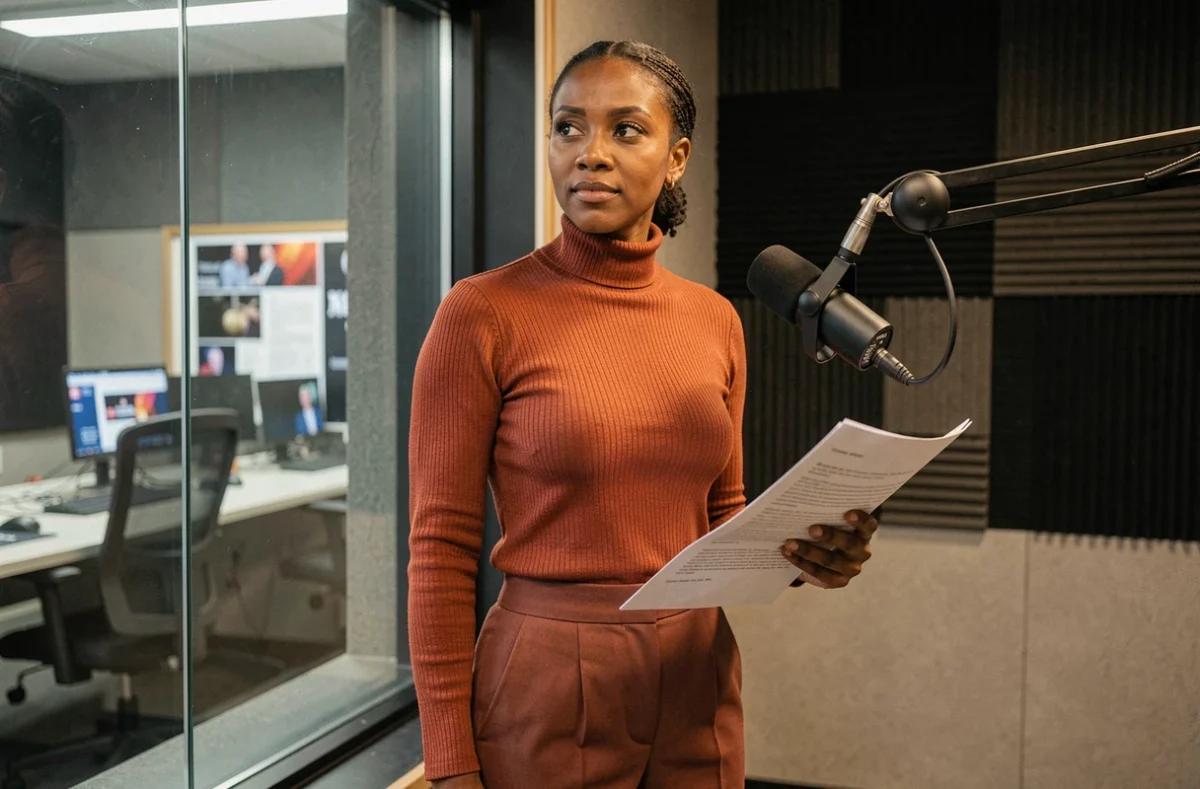 Chroniqueuse nord-africaine dans un studio de radio ou de médias, portrait professionnel éditorial en milieu journalistique