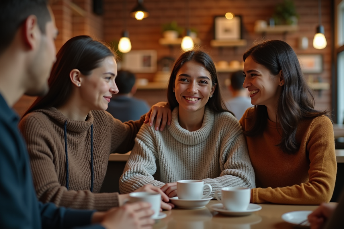 Groupe d amis au café avec une amie rassurante