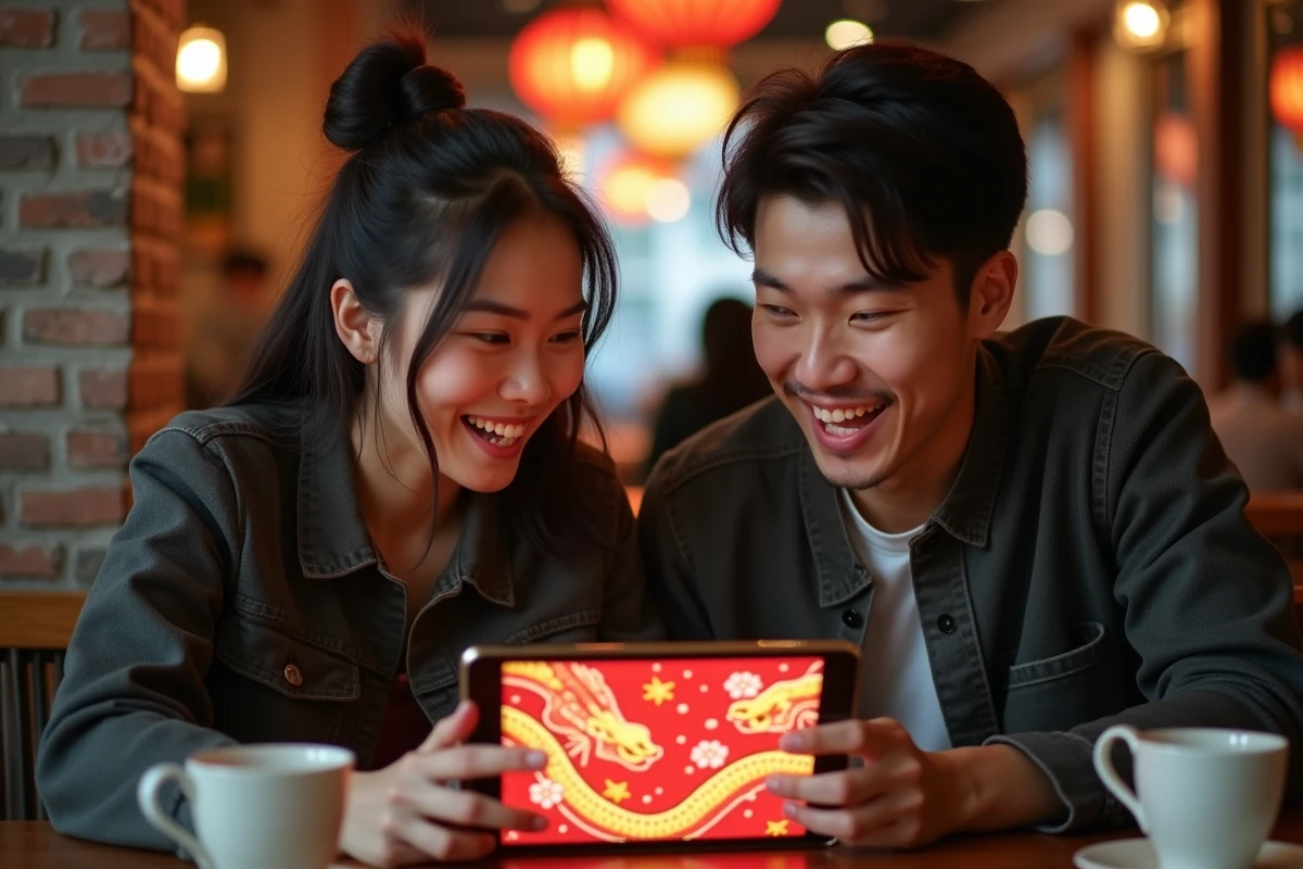 Deux amis fans de jeux rétro découvrant ensemble le mini-jeu Google Doodle Année du Serpent sur une tablette dans un café