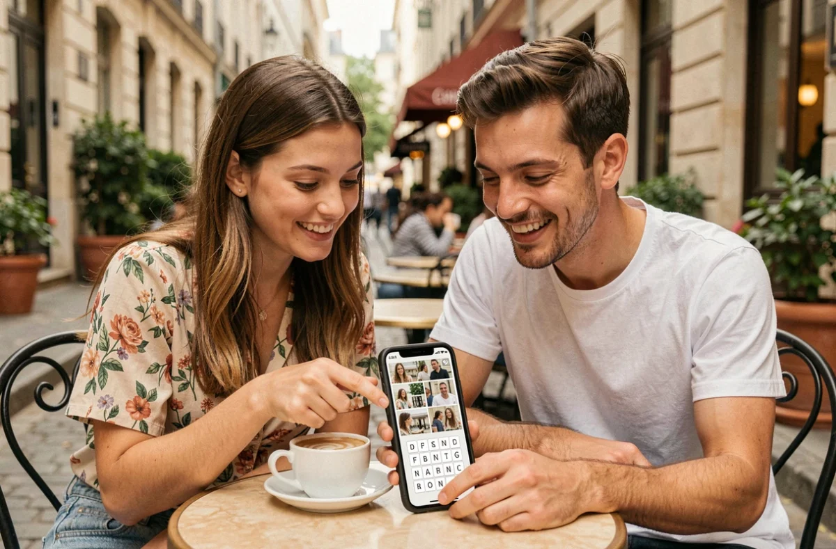 Deux amis cherchant ensemble la réponse à 4 Images 1 Mot 9 lettres sur smartphone dans un café en terrasse