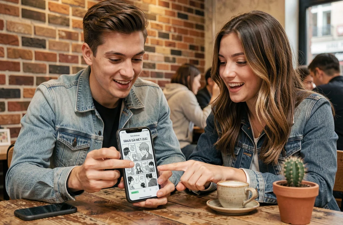 Deux amis débutants qui lisent ensemble un scan manga VF sur smartphone dans un café, partageant leur découverte de la lecture en ligne