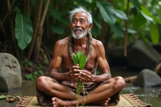 Homme kanak âgé en pareo tenant des feuilles de patchouli