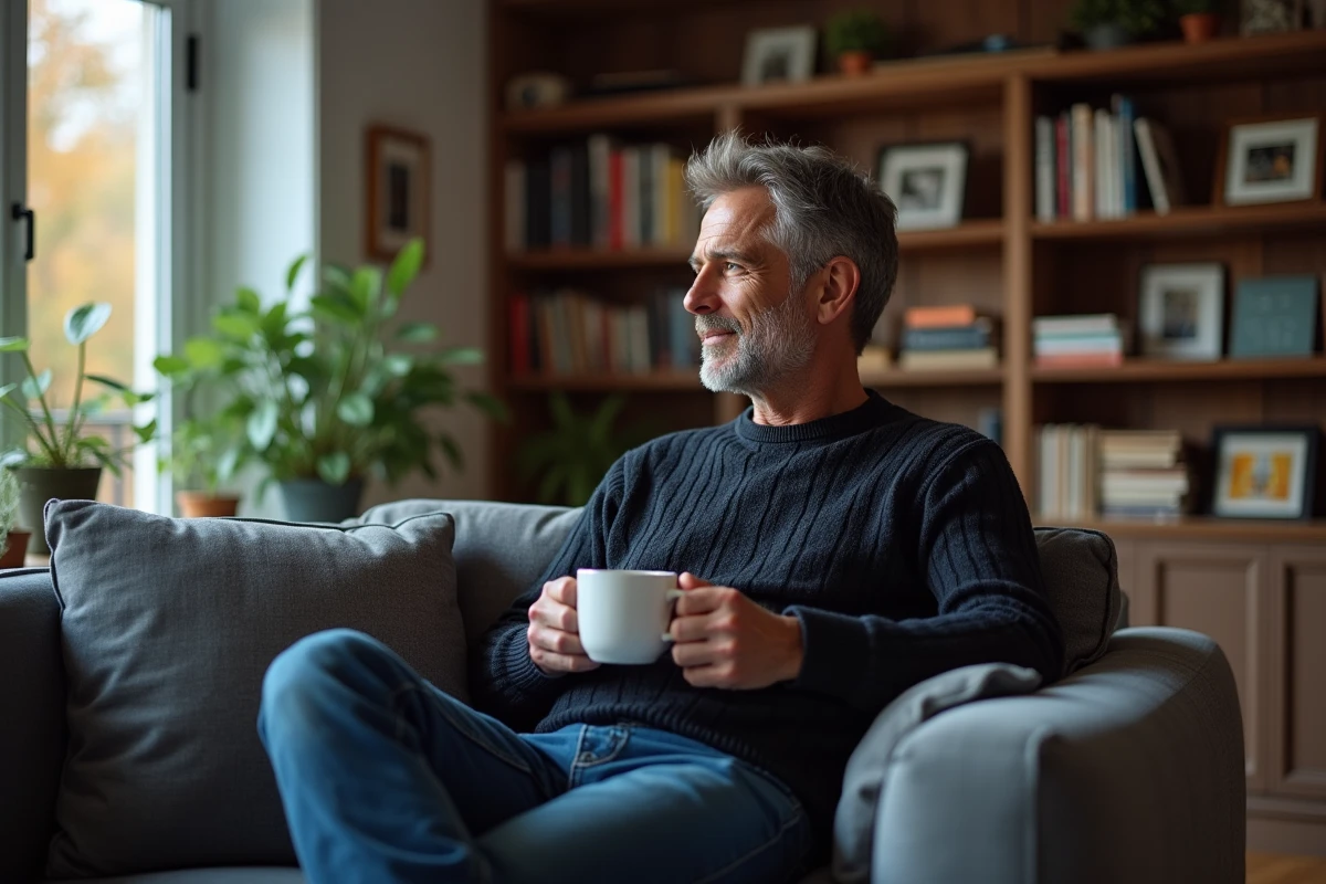 Animateur français seul dans un salon cosy et lisant