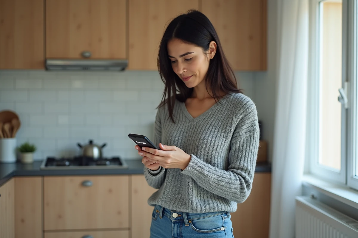 Femme recevant un appel téléphonique du numéro 0187217777 d'un livreur Amazon dans sa cuisine