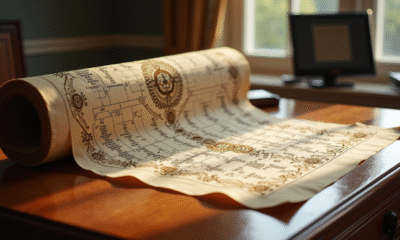 Ancien arbre généalogique déroulé sur un bureau en bois