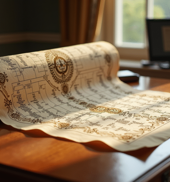 Ancien arbre généalogique déroulé sur un bureau en bois