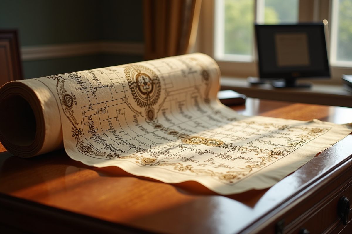 Ancien arbre généalogique déroulé sur un bureau en bois
