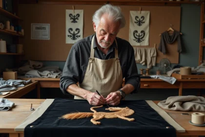 Artisan breton brodant un motif hermine sur velours noir dans un atelier traditionnel