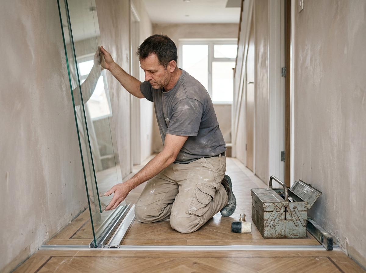 Artisan posant une cloison vitrée coulissante dans un couloir de maison lors de travaux de rénovation intérieure