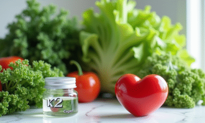 Assortiment de légumes verts frais avec un label K2 et un cœur rouge symbolisant la santé cardiaque