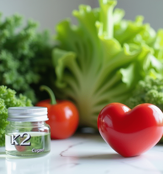 Assortiment de légumes verts frais avec un label K2 et un cœur rouge symbolisant la santé cardiaque