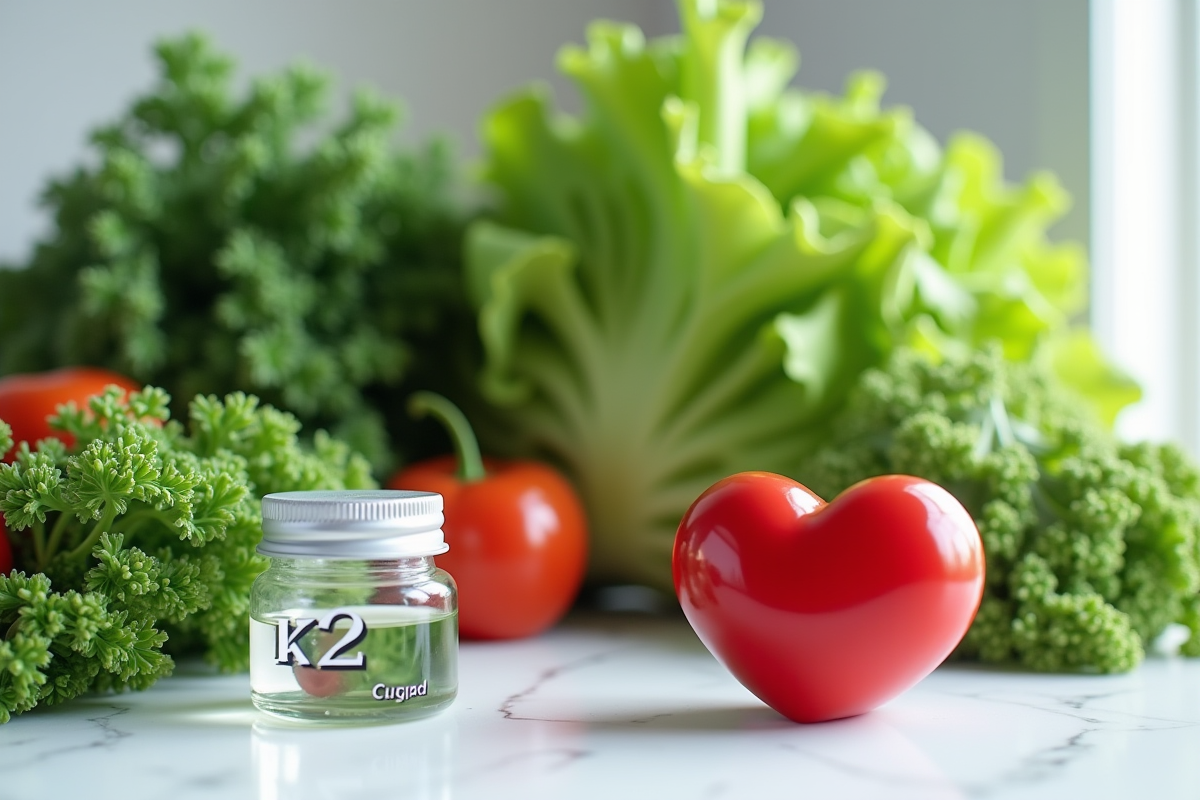 Assortiment de légumes verts frais avec un label K2 et un cœur rouge symbolisant la santé cardiaque