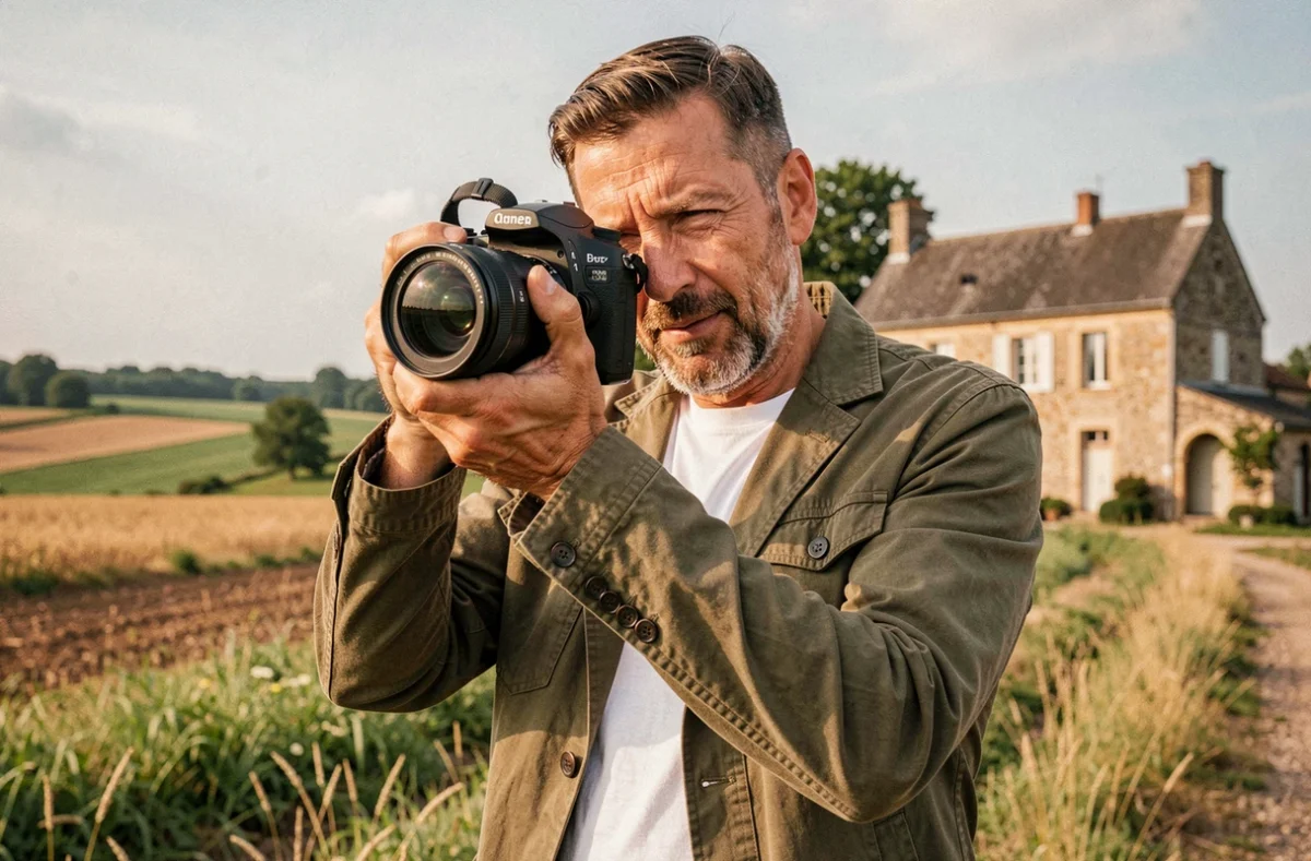 Photographe professionnel Aubanel Jérôme en plein travail dans un paysage champêtre de la Loire