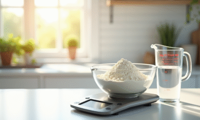 Balance de cuisine numérique avec bol de farine et pichet d'eau