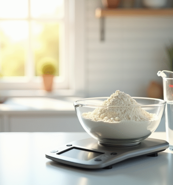 Balance de cuisine numérique avec bol de farine et pichet d'eau