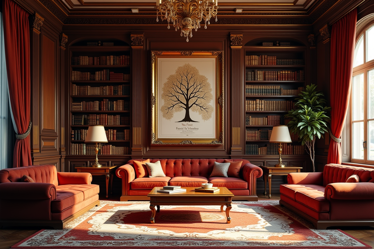 Bibliothèque luxueuse avec arbre généalogique doré encadré