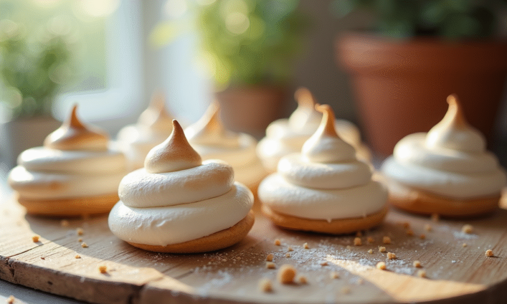 Biscuits meringue fraîchement cuits sur une table en bois