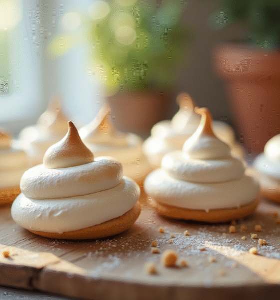 Biscuits meringue fraîchement cuits sur une table en bois