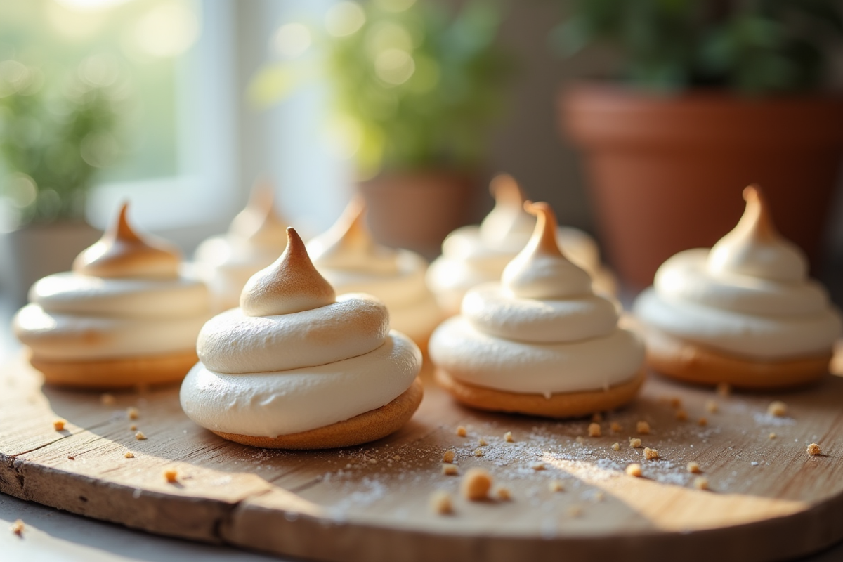 Biscuits meringue fraîchement cuits sur une table en bois