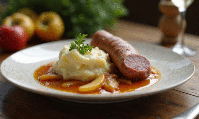 Boudin blanc servi avec pommes sautées et purée crémeuse