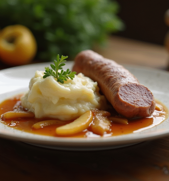 Boudin blanc servi avec pommes sautées et purée crémeuse