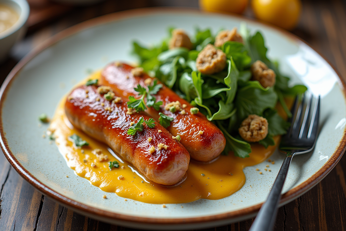 Boudin blanc avec salade verte et sauce moutarde