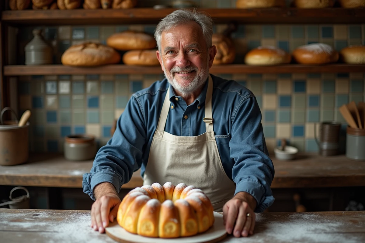 Boulanger français présentant une galette des rois dans une boulangerie