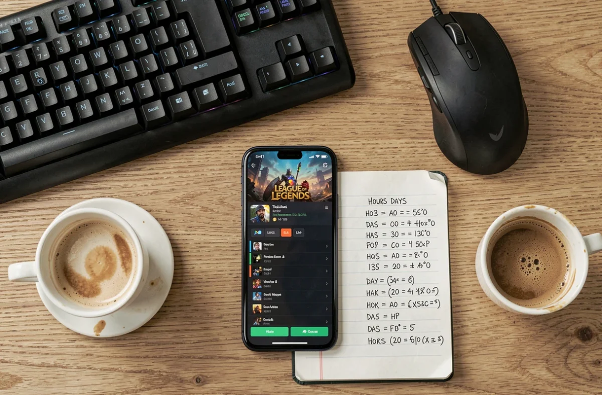 Vue du dessus d'un bureau gamer avec téléphone affichant le temps de jeu total sur League of Legends et notes manuscrites