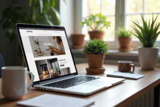 Espace de travail moderne avec ordinateur portable affichant un site web élégant