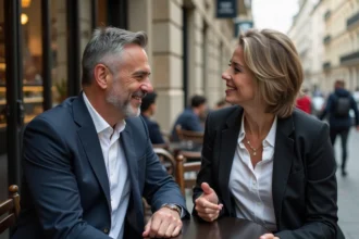 Homme français souriant avec femme au café parisien