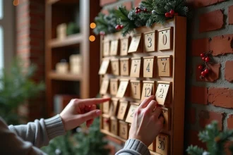 Calendrier de l'Avent en bois avec portes numérotées accroché sur un mur en brique, décoré de branches de pin et de baies rouges pour le compte à rebours de Noël 2026