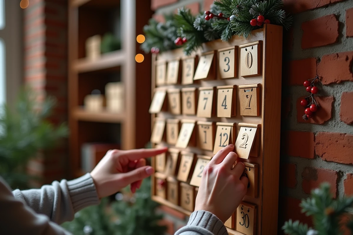 Calendrier de l'Avent en bois avec portes numérotées accroché sur un mur en brique, décoré de branches de pin et de baies rouges pour le compte à rebours de Noël 2026