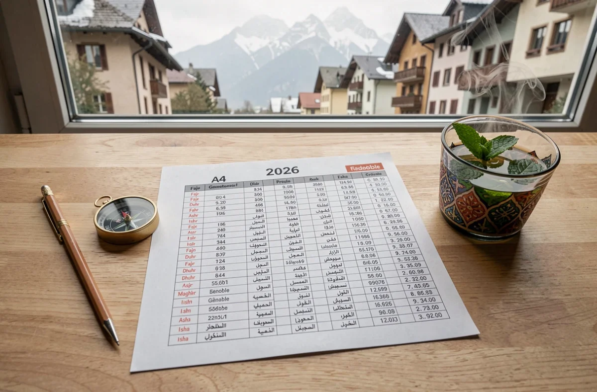 Calendrier imprimable des heures de prière 2026 pour Grenoble posé sur un bureau avec une boussole et un thé à la menthe