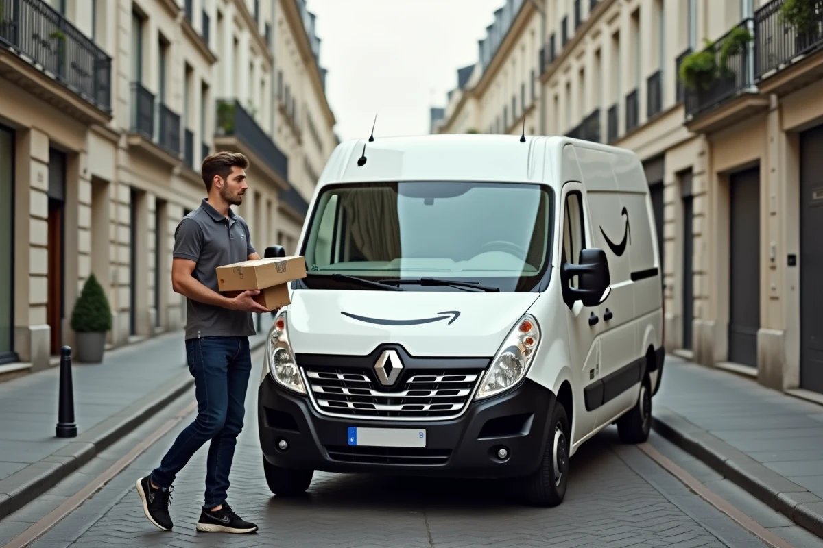 Camionnette de livraison Amazon garée dans une rue résidentielle parisienne avec livreur portant des colis