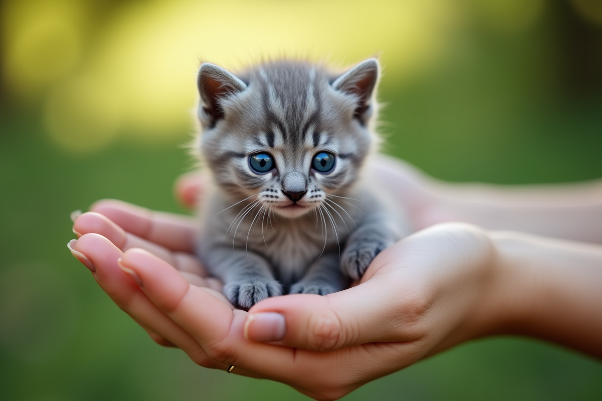 Chaton gris aux yeux bleus tenu dans les mains en extérieur