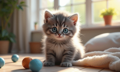 Chaton gris aux yeux bleus dans un salon lumineux