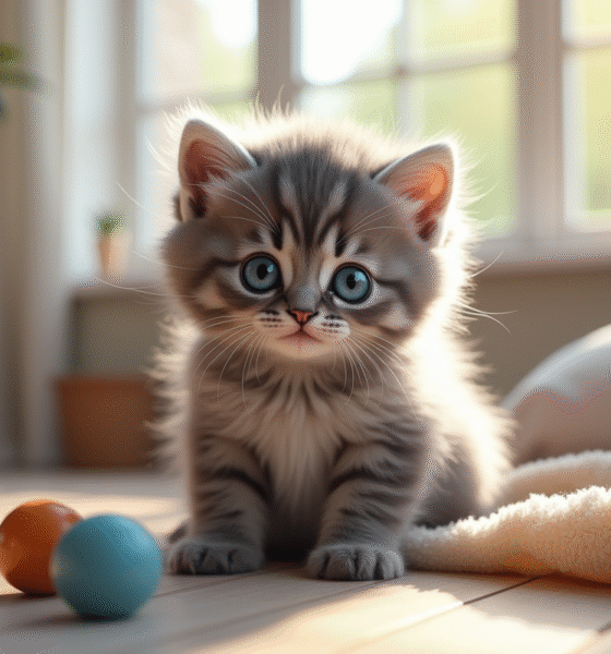 Chaton gris aux yeux bleus dans un salon lumineux