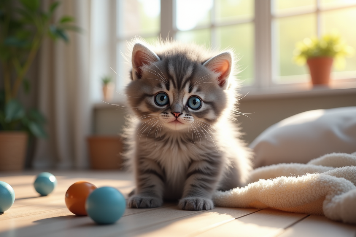 Chaton gris aux yeux bleus dans un salon lumineux