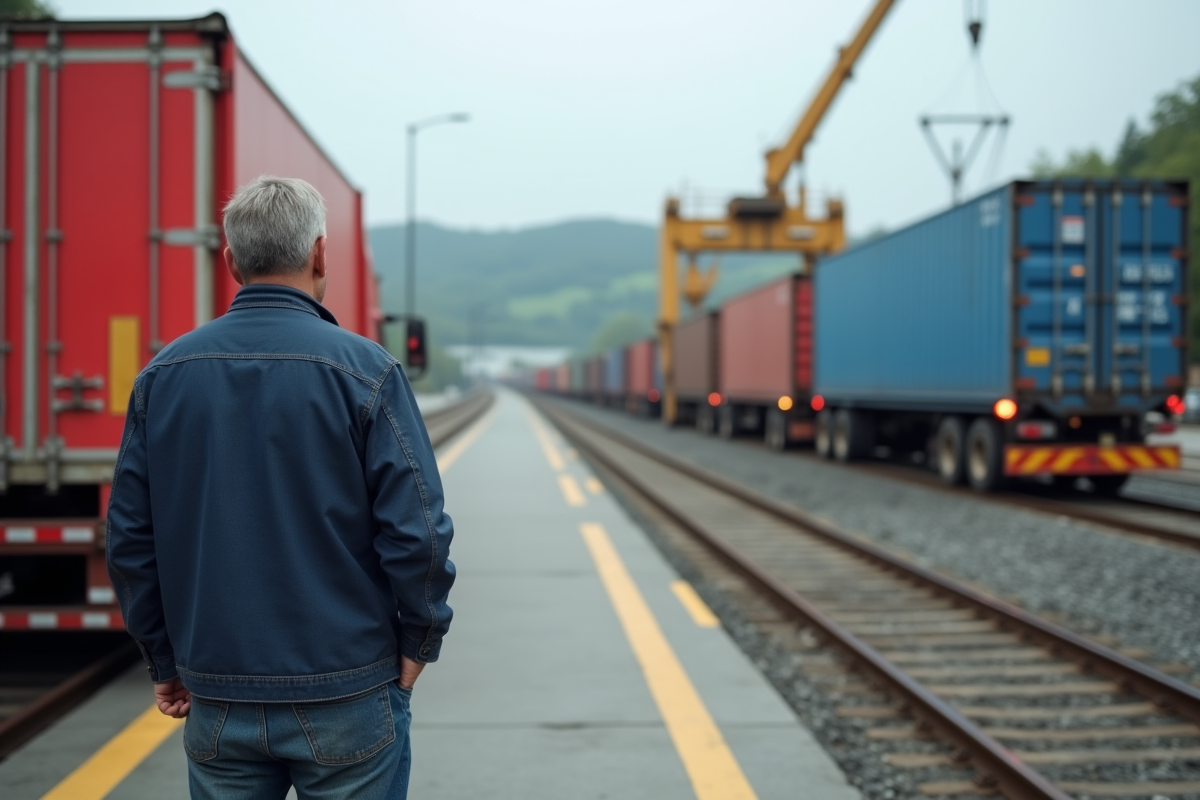 Conducteur de camion regardant un train de fret en chargement