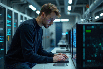 Jeune chercheur en laboratoire avec ordinateur quantique