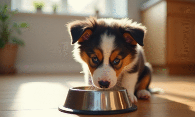 Chiot Australian Shepherd mange dans un bol en inox sur un sol en bois