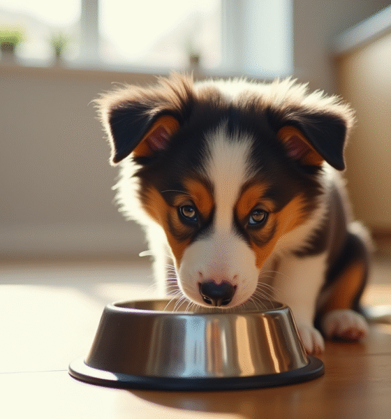 Chiot Australian Shepherd mange dans un bol en inox sur un sol en bois