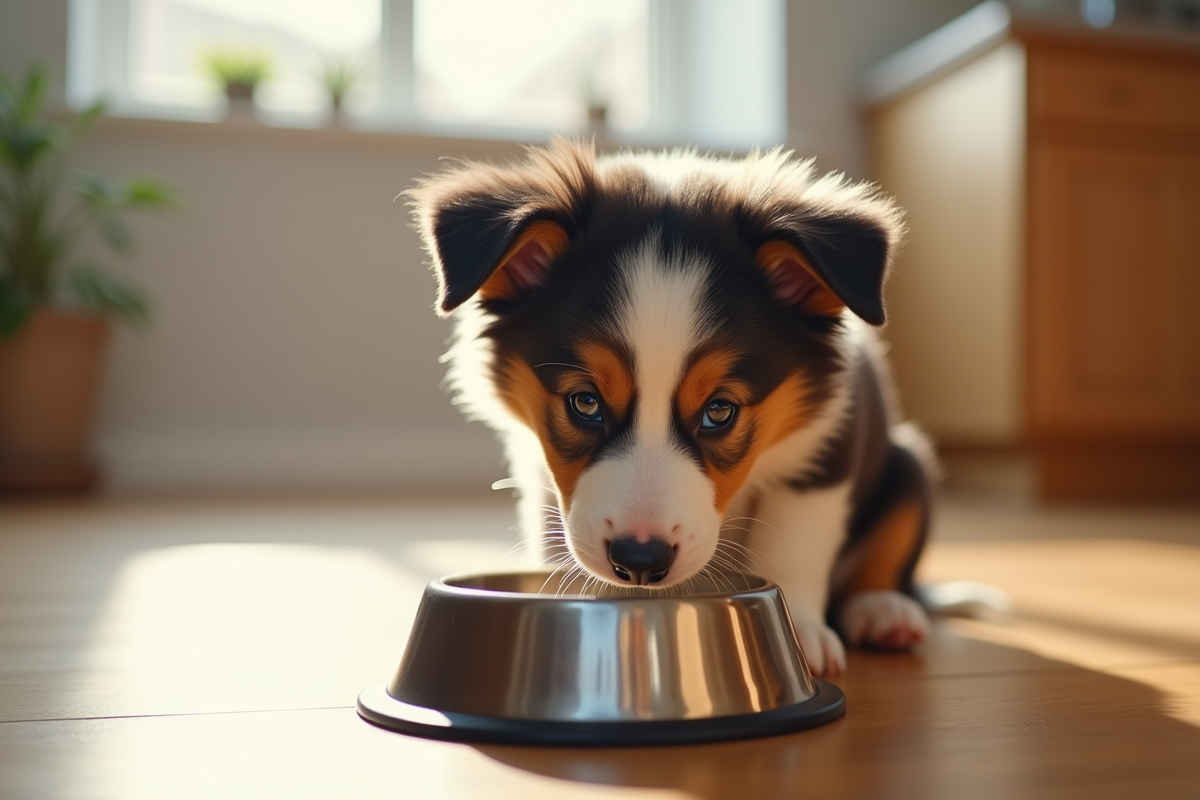 Chiot Australian Shepherd mange dans un bol en inox sur un sol en bois